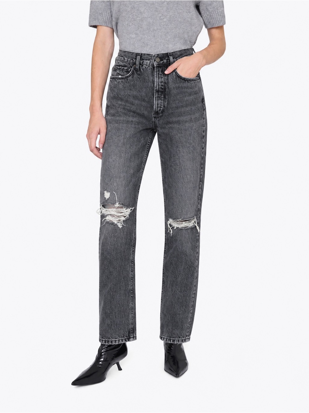 Anime Bing High-Rise Distressed Straight Leg Jeans Charcoal Gray Fall Denim 28